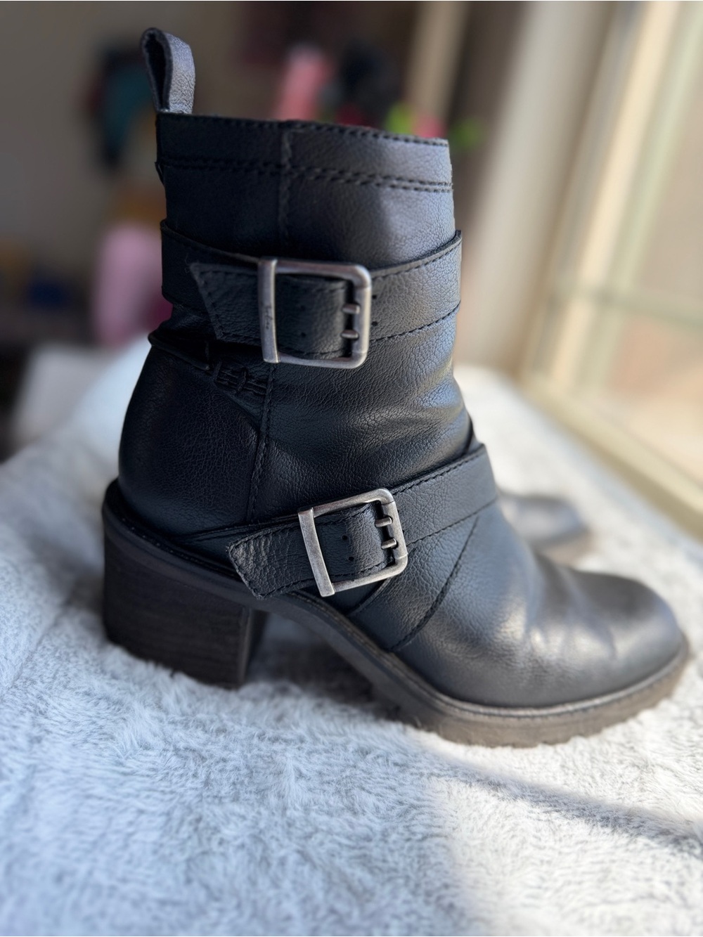 Black Leather Buckle Ankle Boots - Women's